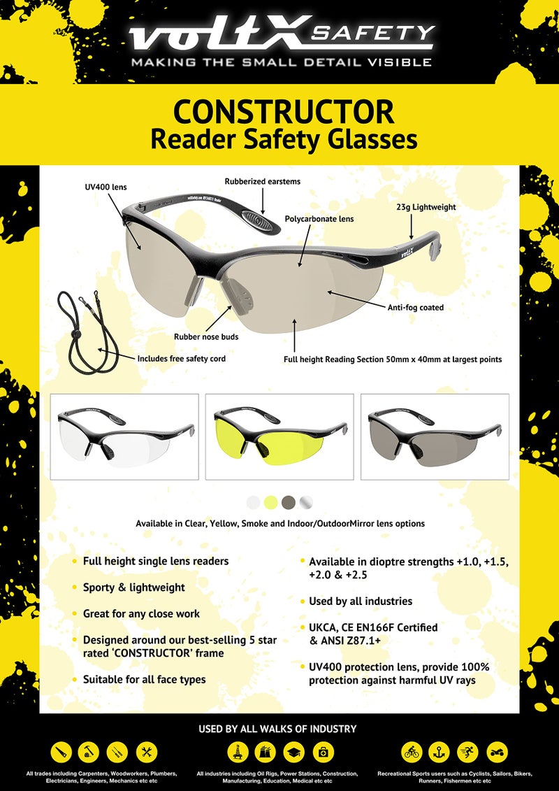 voltX 'Constructor' SAFETY READERS (MIRROR +1.5 Dioptre) Full Lens Reading Safety Glasses ANSI Z87.1+ & CE EN166F, Wraparound Style - Includes Safety Cord with headstop - UV400 anti fog coated lens - Image 3